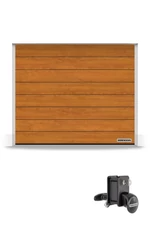 Hörmann Reno szekcionált garázskapu | Decocolor lakkozott felület | M-bordás mintázat | Golden Oak szín | Kézi zár és fogantyú szett