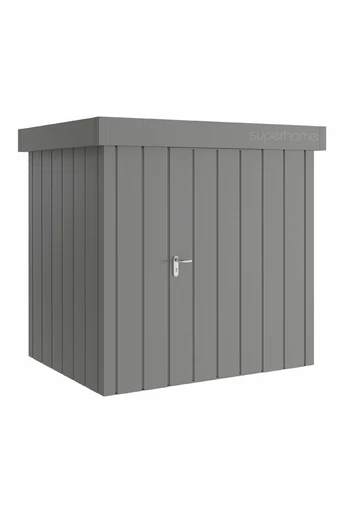 Hörmann Juno JFD 4 eszköztároló ház | Modern motívum | lapostetős modell | 214 x 166 cm | RAL9007 szürkealumínium | 1-szárnyú jobbos ajtóval