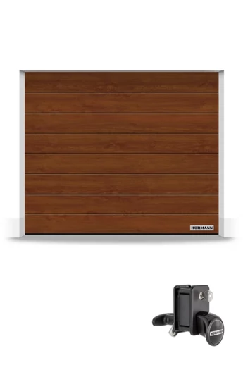 Hörmann Reno szekcionált garázskapu | Decocolor lakkozott felület | M-bordás mintázat | Dark Oak szín | Kézi zár és fogantyú szett