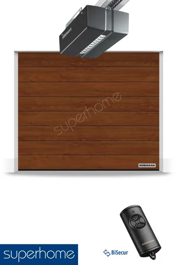 Hörmann RenoMatic szekcionált garázskapu | Decocolor lakkozott felület | M-bordás mintázat | Dark Oak szín | ProMatic meghajtás