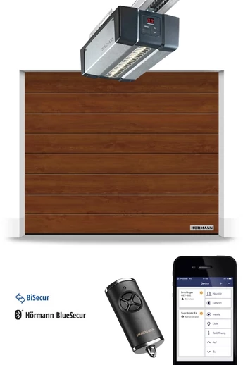 Hörmann RenoMatic szekcionált garázskapu | Decocolor lakkozott felület | M-bordás mintázat | Dark Oak szín | SupraMatic E4 meghajtás