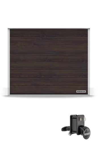 Hörmann Reno szekcionált garázskapu | Decocolor lakkozott felület | M-bordás mintázat | Night Oak szín | Kézi zár és fogantyú szett