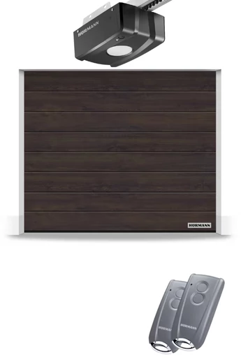 Hörmann RenoMatic szekcionált garázskapu | Decocolor lakkozott felület | M-bordás mintázat | Night Oak szín | ProLift meghajtás