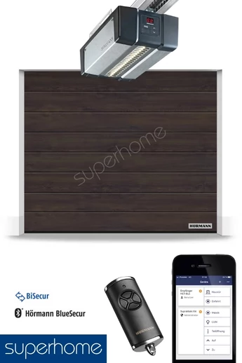 Hörmann RenoMatic szekcionált garázskapu | Decocolor lakkozott felület | M-bordás mintázat | Night Oak szín | SupraMatic E4 meghajtás