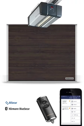 Hörmann RenoMatic szekcionált garázskapu | Decocolor lakkozott felület | M-bordás mintázat | Night Oak szín | SupraMatic E4 meghajtás