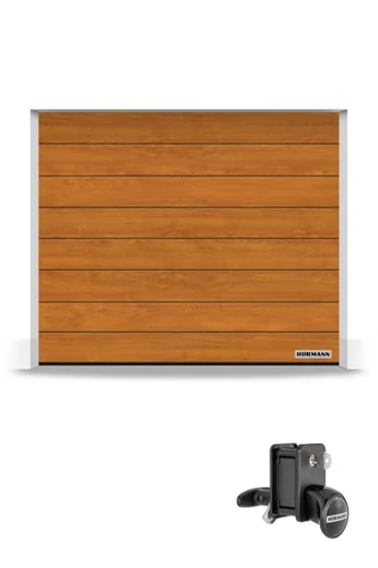 Hörmann Reno szekcionált garázskapu | Decocolor lakkozott felület | M-bordás mintázat | Golden Oak szín | Kézi zár és fogantyú szett