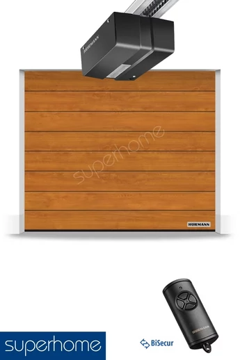 Hörmann RenoMatic szekcionált garázskapu | Decocolor lakkozott felület | M-bordás mintázat | Golden Oak szín | DuraMatic meghajtás