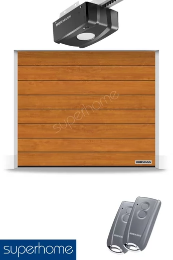 Hörmann RenoMatic szekcionált garázskapu | Decocolor lakkozott felület | M-bordás mintázat | Golden Oak szín | ProLift meghajtás