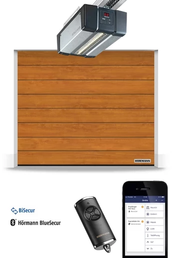 Hörmann RenoMatic szekcionált garázskapu | Decocolor lakkozott felület | M-bordás mintázat | Golden Oak szín | SupraMatic E4 meghajtás