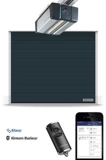 Hörmann RenoMatic szekcionált garázskapu | Woodgrain faerezet felület | M-bordás mintázat | RAL7016 szín | SupraMatic E4 meghajtás