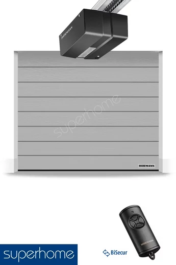 Hörmann RenoMatic szekcionált garázskapu | Woodgrain felület | M-bordás mintázat | RAL9006 szín | DuraMatic meghajtás