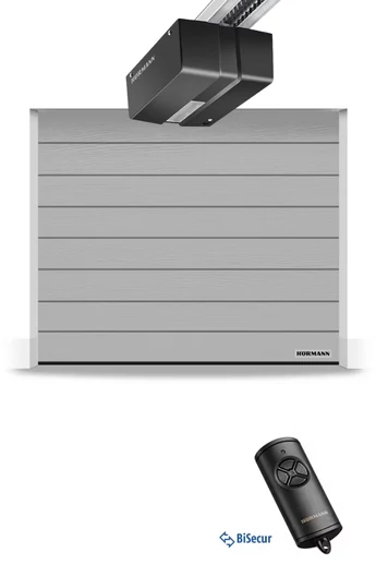 Hörmann RenoMatic szekcionált garázskapu | Woodgrain felület | M-bordás mintázat | RAL9006 fehéralumínium szín | DuraMatic meghajtás