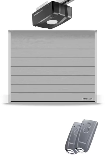 Hörmann RenoMatic szekcionált garázskapu | Woodgrain felület | M-bordás mintázat | RAL9006 fehéralumíniumszín | ProLift meghajtás