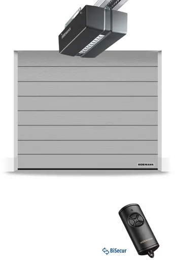 Hörmann RenoMatic hőszigetelt, szekcionált garázskapu | M-bordás | Woodgrain faerezet felület | RAL9006 fehéralumínium szín | ProMatic meghajtás 1 db BiSecur távirányítóval