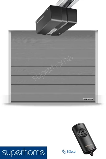 Hörmann RenoMatic szekcionált garázskapu | Woodgrain felület | M-bordás mintázat | RAL9007 szürkealumínium szín | DuraMatic meghajtás
