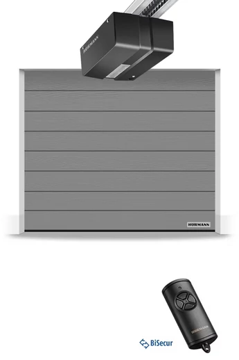 Hörmann RenoMatic szekcionált garázskapu | Woodgrain felület | M-bordás mintázat | RAL9007 szürkealumínium szín | DuraMatic meghajtás