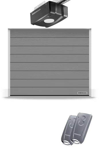 Hörmann RenoMatic szekcionált garázskapu | Woodgrain felület | M-bordás mintázat | RAL9007 szürkealumínium szín | ProLift meghajtás