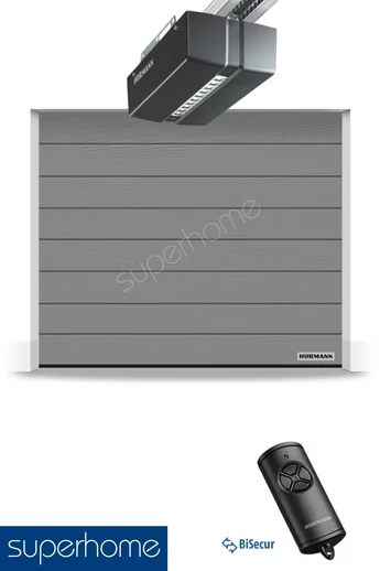 Hörmann RenoMatic hőszigetelt, szekcionált garázskapu | M-bordás | Woodgrain faerezet felület | RAL9007 szürkealumínium | ProMatic meghajtás 1 db BiSecur távirányítóval