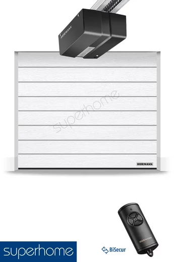 Hörmann RenoMatic szekcionált garázskapu | Woodgrain felület | M-bordás mintázat | RAL9016 szín | DuraMatic meghajtás