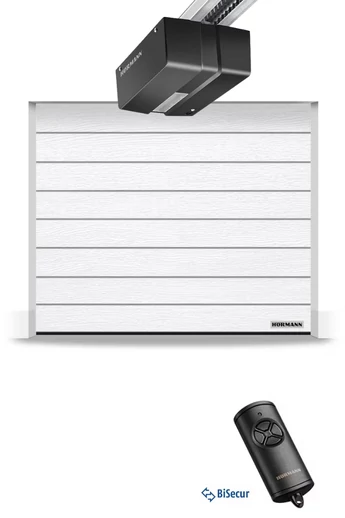 Hörmann RenoMatic szekcionált garázskapu | Woodgrain felület | M-bordás mintázat | RAL9016 fehér szín | DuraMatic meghajtás