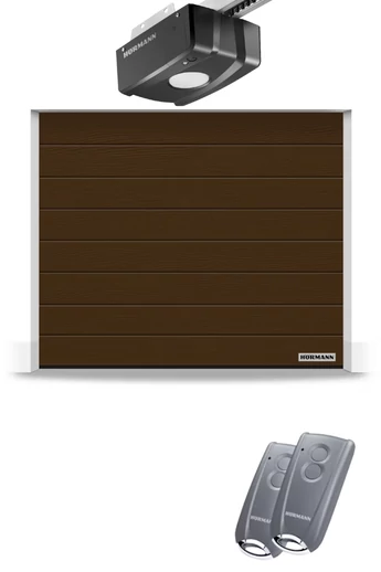 Hörmann RenoMatic szekcionált garázskapu | Woodgrain felület | M-bordás mintázat | RAL8028 földbarna szín | ProLift meghajtás