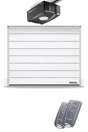 Hörmann RenoMatic szekcionált garázskapu | Woodgrain felület | M-bordás mintázat | RAL9016 fehér szín | ProLift meghajtás