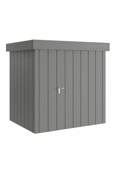 Hörmann Juno JFD 6 eszköztároló ház | Modern motívum | lapostetős modell | 214 x 262 cm | RAL9007 szürkealumínium | 1-szárnyú jobbos ajtóval