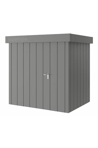 Hörmann Juno JFD 6 eszköztároló ház | Modern motívum | lapostetős modell | 214 x 262 cm | RAL9007 szürkealumínium | 1-szárnyú balos ajtóval