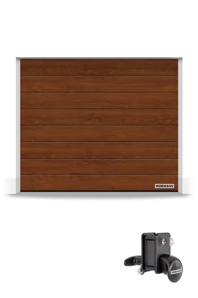Hörmann Reno szekcionált garázskapu | Decocolor lakkozott felület | M-bordás mintázat | Dark Oak szín | Kézi zár és fogantyú szett
