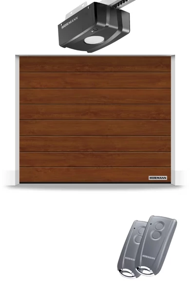 Hörmann RenoMatic szekcionált garázskapu | Decocolor lakkozott felület | M-bordás mintázat | Dark Oak szín | ProLift meghajtás
