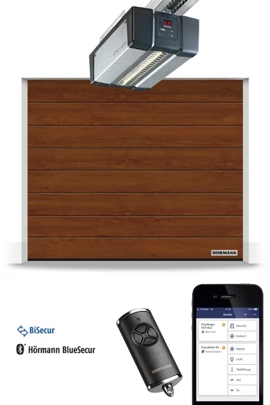 Hörmann RenoMatic szekcionált garázskapu | Decocolor lakkozott felület | M-bordás mintázat | Dark Oak szín | SupraMatic E4 meghajtás