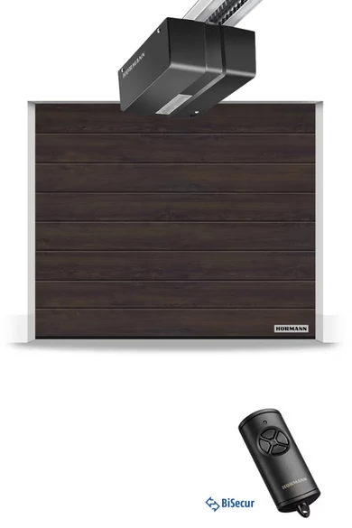 Hörmann RenoMatic szekcionált garázskapu | Decocolor lakkozott felület | M-bordás mintázat | Night Oak szín | DuraMatic meghajtás