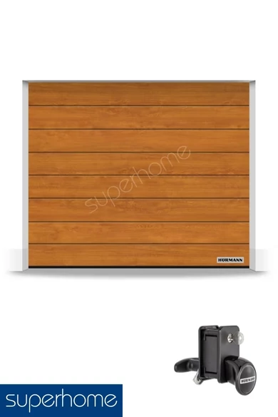 Hörmann Reno szekcionált garázskapu | Decocolor lakkozott felület | M-bordás mintázat | Golden Oak szín | Kézi zár és fogantyú szett