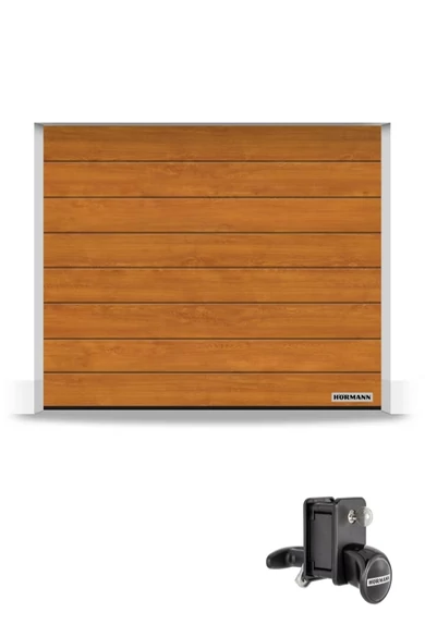 Hörmann Reno szekcionált garázskapu | Decocolor lakkozott felület | M-bordás mintázat | Golden Oak szín | Kézi zár és fogantyú szett