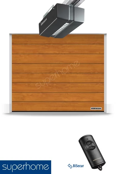 Hörmann RenoMatic szekcionált garázskapu | Decocolor lakkozott felület | M-bordás mintázat | Golden Oak szín | ProMatic meghajtás