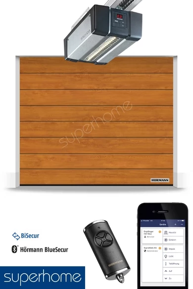 Hörmann RenoMatic szekcionált garázskapu | Decocolor lakkozott felület | M-bordás mintázat | Golden Oak szín | SupraMatic E4 meghajtás