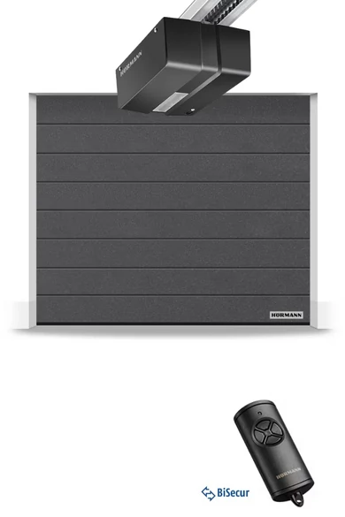 2250 x 2000 mm Hörmann RenoMatic hőszigetelt, szekcionált garázskapu | M-bordás | Woodgrain faerezet felület | CH703 antracit metál szín | DuraMatic meghajtás 1 db BiSecur távirányítóval