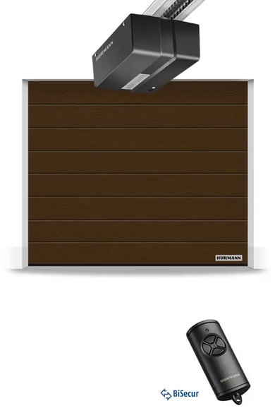 2250 x 2000 mm Hörmann RenoMatic hőszigetelt, szekcionált garázskapu | M-bordás | Woodgrain faerezet felület | RAL8028 földbarna szín | DuraMatic meghajtás 1 db BiSecur távirányítóval