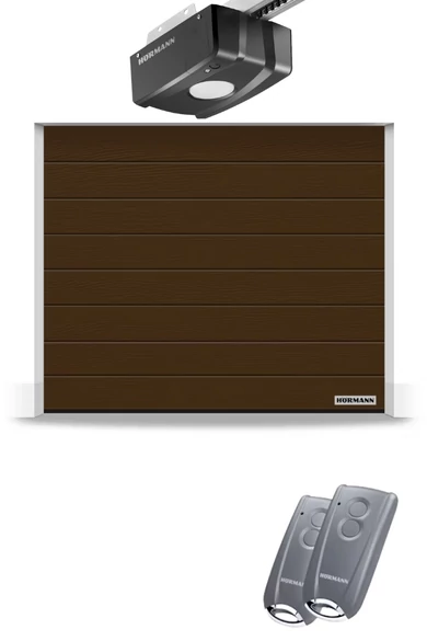 2750 x 2500 mm Hörmann RenoMatic hőszigetelt, szekcionált garázskapu | M-bordás | Woodgrain faerezet felület | RAL8028 földbarna szín | ProLift meghajtás 2 db távirányítóval