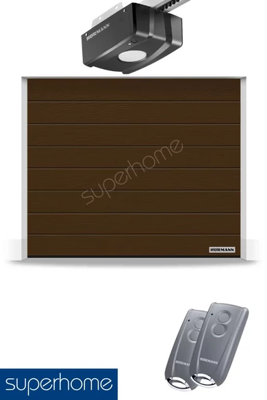 Hörmann RenoMatic szekcionált garázskapu | Woodgrain felület | M-bordás mintázat | RAL8028 földbarna szín | ProLift meghajtás