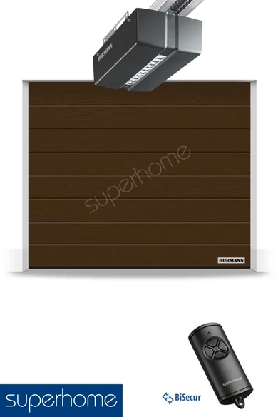 Hörmann RenoMatic hőszigetelt, szekcionált garázskapu | M-bordás | Woodgrain faerezet felület | RAL8028 földbarna | ProMatic meghajtás 1 db BiSecur távirányítóval