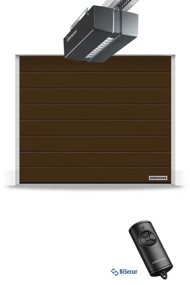 2500 x 2375 mm Hörmann RenoMatic hőszigetelt, szekcionált garázskapu | M-bordás | Woodgrain faerezet felület | RAL8028 földbarna szín | ProMatic meghajtás 1 db távirányítóval