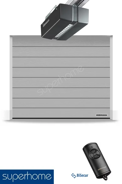 Hörmann RenoMatic hőszigetelt, szekcionált garázskapu | M-bordás | Woodgrain faerezet felület | RAL9006 fehéralumínium | ProMatic meghajtás 1 db BiSecur távirányítóval
