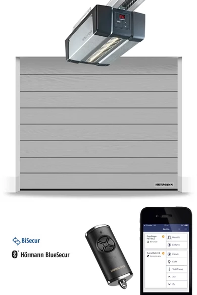 Hörmann RenoMatic hőszigetelt, szekcionált garázskapu | M-bordás | Woodgrain faerezet felület | RAL9006 fehéralumínium szín | SupraMatic E4 meghajtás 1 db távirányítóval