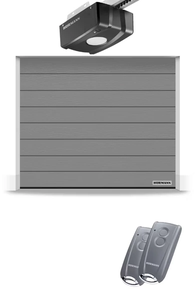 2500 x 2375 mm Hörmann RenoMatic hőszigetelt, szekcionált garázskapu | M-bordás | Woodgrain faerezet felület | RAL9007 szurkealumínium szín | ProLift meghajtás 2 db távirányítóval