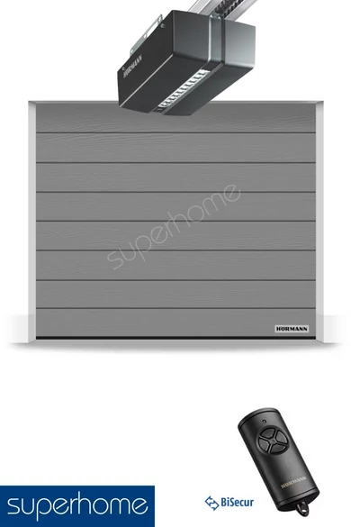 Hörmann RenoMatic hőszigetelt, szekcionált garázskapu | M-bordás | Woodgrain faerezet felület | RAL9007 szürkealumínium | ProMatic meghajtás 1 db BiSecur távirányítóval