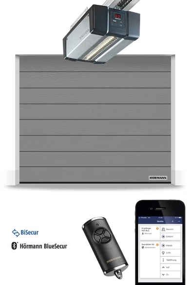 Hörmann RenoMatic hőszigetelt, szekcionált garázskapu | M-bordás | Woodgrain faerezet felület | RAL9007 szürkealumínium szín | SupraMatic E4 meghajtás 1 db távirányítóval