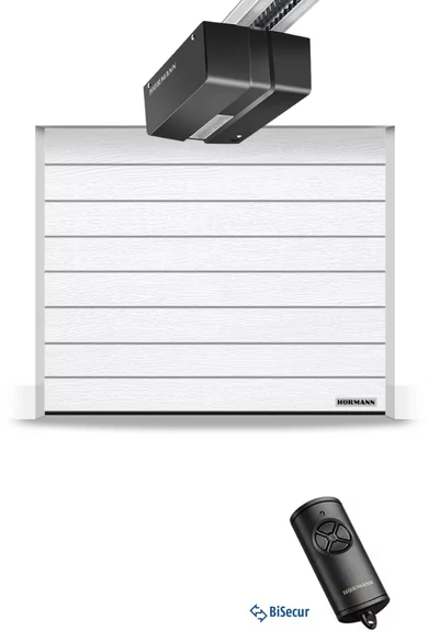 Hörmann RenoMatic szekcionált garázskapu | Woodgrain felület | M-bordás mintázat | RAL9016 fehér szín | DuraMatic meghajtás