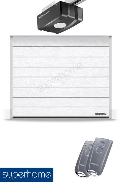 Hörmann RenoMatic szekcionált garázskapu | Woodgrain felület | M-bordás mintázat | RAL9016 fehér szín | ProLift meghajtás