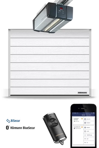 Hörmann RenoMatic hőszigetelt, szekcionált garázskapu | M-bordás | Woodgrain faerezet felület | RAL9016 fehér szín | SupraMatic E4 meghajtás 1 db távirányítóval